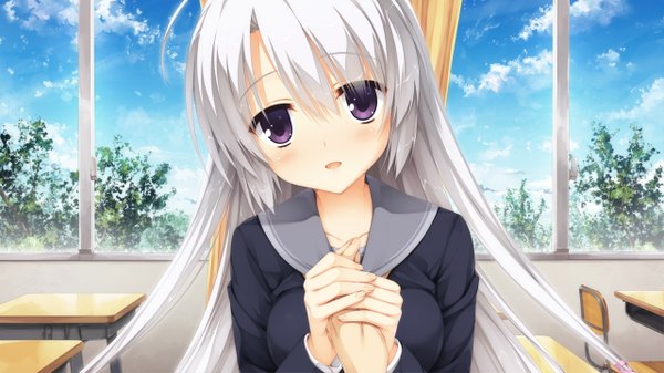 Anime picture 1280x720 with sanoba witch yuzusoft ayaji nene muririn long hair blush breasts open mouth wide image purple eyes game cg sky silver hair ahoge indoors head tilt fingernails light smile classroom girl