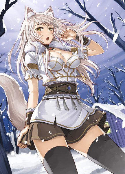 Anime picture 1080x1500 with original jchoy single long hair tall image looking at viewer blush fringe breasts open mouth light erotic large breasts animal ears yellow eyes sky cleavage outdoors white hair tail animal tail