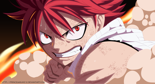 Anime picture 2498x1365 with fairy tail natsu dragneel akira-12 single highres short hair red eyes wide image red hair sweat sleeveless grin coloring close-up smoke muscle angry boy scarf fire