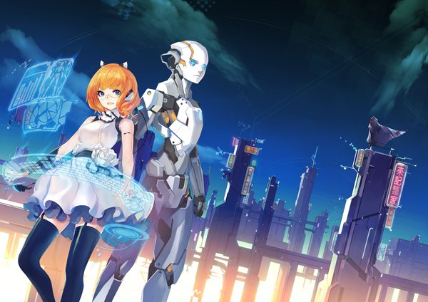 Anime picture 1024x724 with original pump short hair open mouth blue eyes animal ears sky outdoors orange hair night dutch angle city glowing fake animal ears cityscape girl thighhighs dress black thighhighs glasses