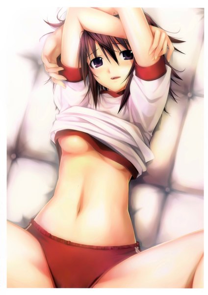 Anime picture 4515x6384 with mikazuki akira single tall image highres short hair breasts open mouth light erotic brown hair purple eyes absurdres spread legs girl navel uniform underwear panties gym uniform