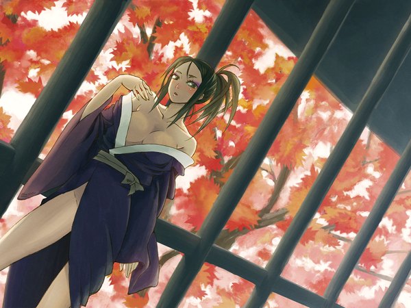 Anime picture 1600x1200 with original single highres breasts light erotic bare shoulders cleavage japanese clothes autumn kimono obi yukata pepe (pepe's hp)