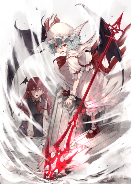 Anime picture 1296x1812 with touhou remilia scarlet koakuma greenkohgen long hair tall image looking at viewer fringe short hair open mouth hair between eyes red eyes standing sitting multiple girls full body red hair nail polish wind aqua hair