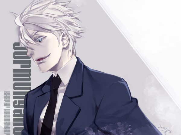 Anime picture 1280x960 with jormungand white fox kasper hekmatyar single short hair open mouth blue eyes smile white hair inscription boy shirt necktie tuxedo