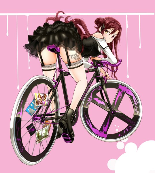 Anime picture 988x1102 with original wadapen single long hair tall image light erotic smile brown hair bare shoulders looking back heterochromia girl thighhighs dress white thighhighs boots ground vehicle bicycle