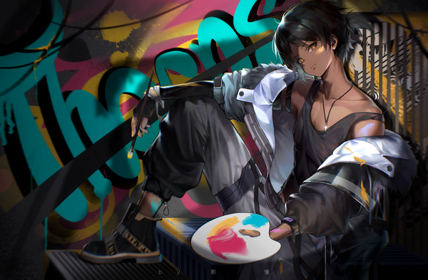 Anime picture 4623x3031 with arknights thorns (arknights) vuvkhkgi single looking at viewer highres short hair black hair yellow eyes absurdres ponytail off shoulder open jacket character names dark skin graffiti boy jacket pendant paintbrush