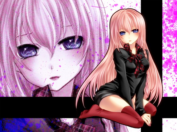 Anime picture 1400x1050 with vocaloid megurine luka yayoi (egoistic realism) long hair blue eyes sitting pink hair zoom layer girl thighhighs