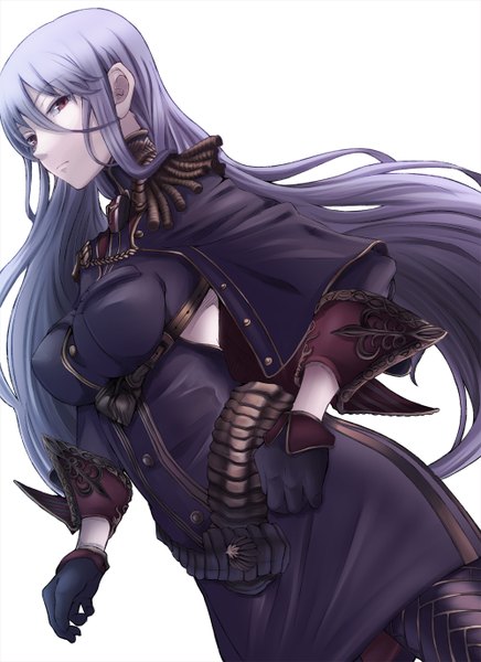 Anime picture 1000x1376 with valkyria chronicles selvaria bles pokimari single tall image looking at viewer simple background red eyes standing white background purple hair from below hand on hip girl dress gloves uniform black gloves belt buttons