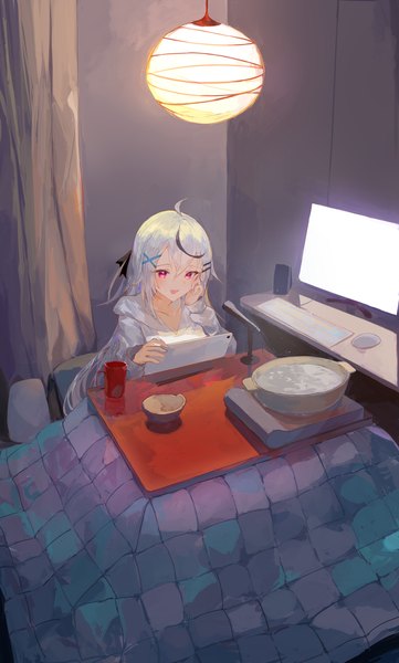 Anime picture 2108x3508 with virtual youtuber sbi e-sports shunsui rei ichika (ichika87) single long hair tall image highres red eyes sitting silver hair ahoge indoors multicolored hair streaked hair nabe girl hair ornament food bobby pin