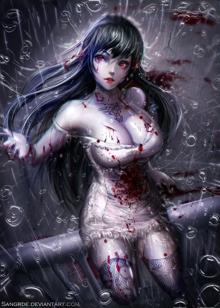 Anime picture 1024x1428 with original sangrde single long hair tall image breasts light erotic black hair red eyes large breasts bare shoulders lips tattoo rain girl thighhighs dress white dress blood torn thighhighs