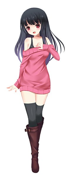 Anime picture 331x800 with original aurora rokudo single long hair tall image looking at viewer blush fringe open mouth black hair simple background smile red eyes standing white background hand on chest happy girl thighhighs black thighhighs