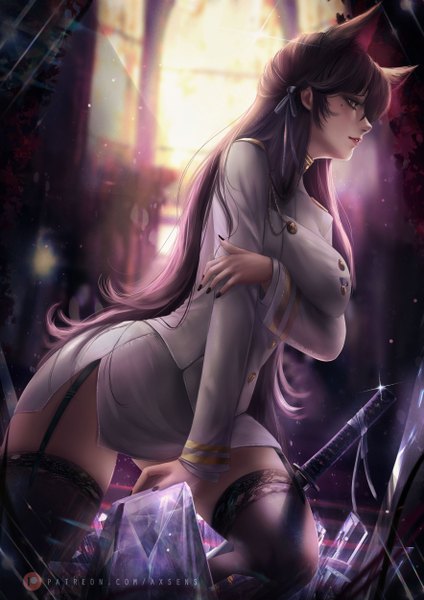 Anime picture 3532x5000 with azur lane atago (azur lane) axsen single long hair tall image looking at viewer fringe highres breasts black hair hair between eyes large breasts brown eyes animal ears payot absurdres bent knee (knees) indoors nail polish