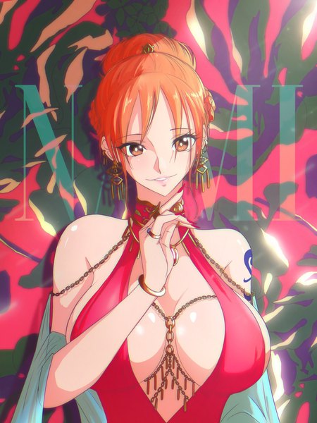 Anime picture 3072x4096 with one piece toei animation nami (one piece) opalisart single tall image looking at viewer fringe highres short hair breasts light erotic smile large breasts brown eyes absurdres upper body braid (braids) nail polish parted lips