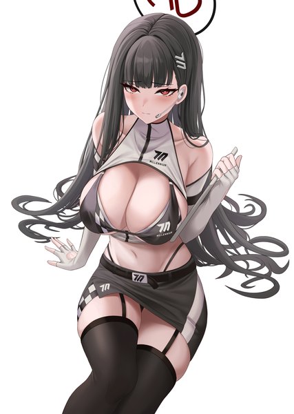 Anime-Bild 2549x3583 mit blue archive rio (blue archive) epko single long hair tall image looking at viewer blush fringe highres breasts light erotic black hair simple background red eyes white background bare shoulders holding cleavage blunt bangs