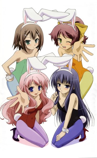 Anime picture 3573x5796 with baka to test to shoukanjuu silver link kinoshita hideyoshi himeji mizuki shimada minami kirishima shouko ooshima miwa long hair tall image blush highres short hair open mouth black hair simple background brown hair white background purple eyes multiple girls green eyes