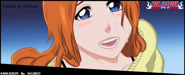 Anime picture 2274x922 with bleach studio pierrot inoue orihime gold-mk single long hair blush highres open mouth blue eyes simple background smile wide image orange hair inscription tears coloring portrait blue background face