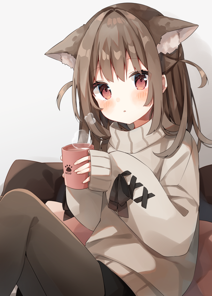 Anime picture 1296x1812 with original heripiro single long hair tall image looking at viewer blush fringe open mouth brown hair sitting holding brown eyes animal ears payot bent knee (knees) indoors long sleeves cat ears :o