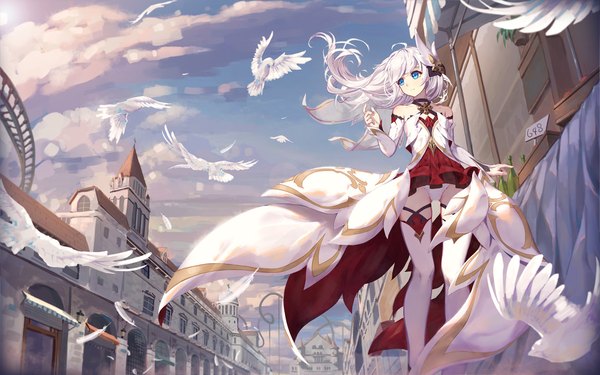 Anime picture 2000x1250 with honkai impact 3rd benghuai xueyuan honkai (series) theresa apocalypse theresa apocalypse (celestial hymn) niharu single long hair fringe highres blue eyes light erotic standing bare shoulders looking away sky cloud (clouds) ahoge outdoors white hair