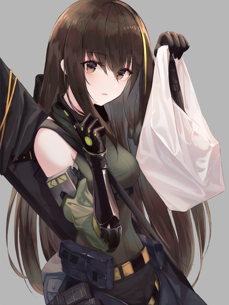 Anime picture 1440x1920 with girls frontline m4a1 (girls frontline) frostscent single long hair tall image looking at viewer blush fringe breasts simple background hair between eyes brown hair standing bare shoulders holding brown eyes long sleeves parted lips head tilt