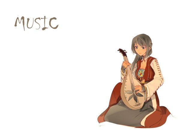 Anime picture 1280x960 with original tagme (artist) single long hair blue eyes simple background white background sitting traditional clothes grey hair music girl
