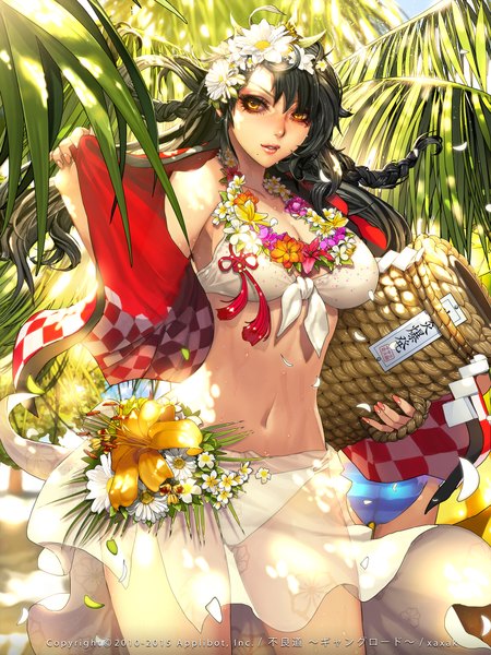 Anime picture 1600x2133 with furyou michi ~gang road~ xaxak single long hair tall image looking at viewer black hair brown eyes braid (braids) hair flower midriff girl navel flower (flowers) swimsuit plant (plants) bikini petals