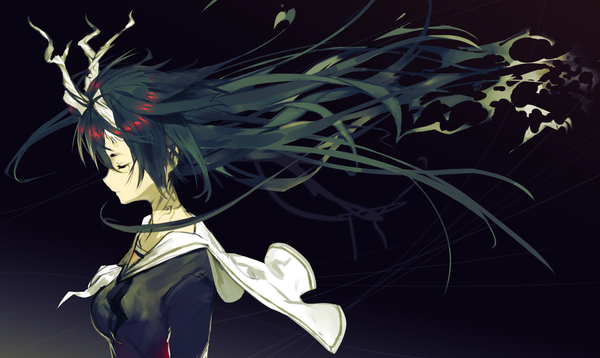 Anime picture 1500x897 with original toridamono single long hair fringe simple background wide image red hair eyes closed profile horn (horns) green hair glowing black background dark background girl uniform serafuku thread