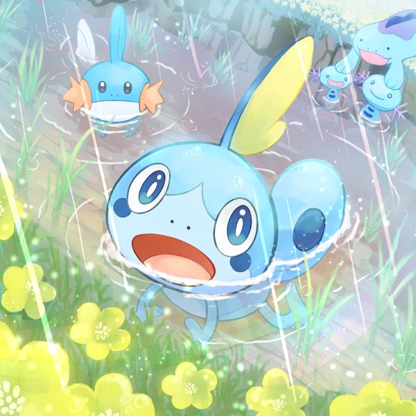 Anime picture 800x800 with pokemon pokemon (game) pokemon swsh pokemon rse nintendo mudkip sobble wooper quagsire putto looking at viewer partially submerged reflection rain no people river gen 2 pokemon gen 3 pokemon gen 8 pokemon flower (flowers)