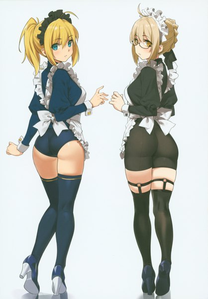 Anime picture 8420x12092 with fate (series) fate/grand order artoria pendragon (all) mysterious heroine x (alter) (fate) mysterious heroine x (fate) yd (orange maru) orange maru tall image blush fringe highres short hair light erotic simple background blonde hair hair between eyes standing white background multiple girls yellow eyes