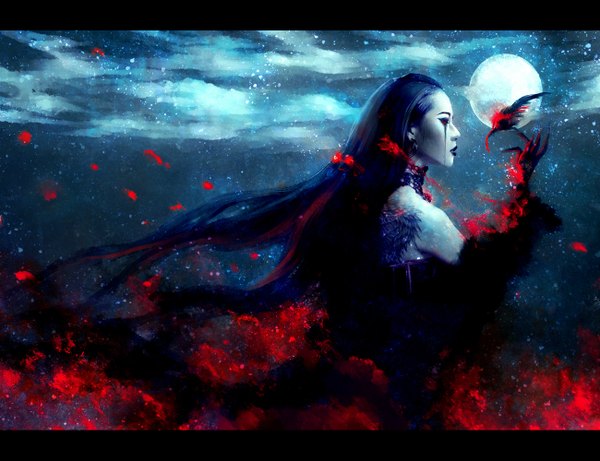 Anime-Bild 1300x1000 mit real life nanfe single long hair open mouth black hair bare shoulders cloud (clouds) eyes closed profile realistic night tattoo lipstick letterboxed black lipstick girl dress black dress moon