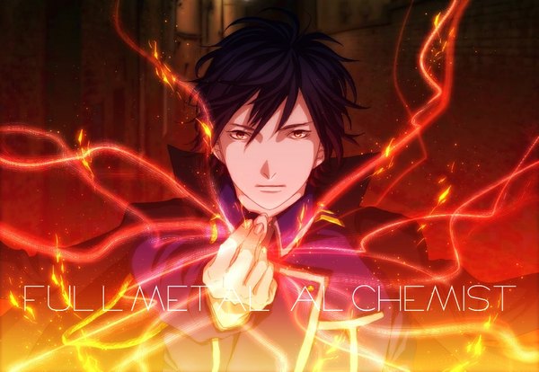 Anime picture 1011x699 with fullmetal alchemist studio bones roy mustang tsubaki ya (artist) single looking at viewer fringe short hair black hair yellow eyes inscription outstretched arm alchemy boy uniform cloak military uniform fire