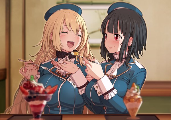 Anime picture 1228x868 with kantai collection atago heavy cruiser takao heavy cruiser omaru gyuunyuu long hair blush fringe short hair breasts open mouth black hair blonde hair smile large breasts sitting multiple girls looking away eyes closed :d ^ ^