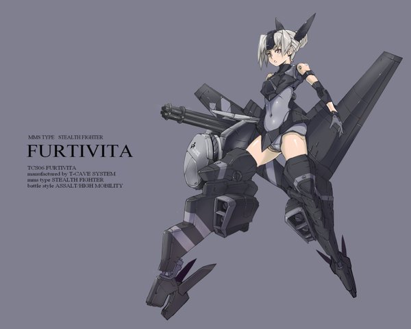 Anime picture 1600x1280 with busou shinki single simple background red eyes silver hair inscription grey background girl gun