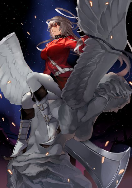 Anime picture 1000x1414 with fate (series) fate/grand order florence nightingale (fate) karlwolf single long hair tall image fringe breasts hair between eyes red eyes large breasts sitting looking away silver hair full body bent knee (knees) outdoors profile night