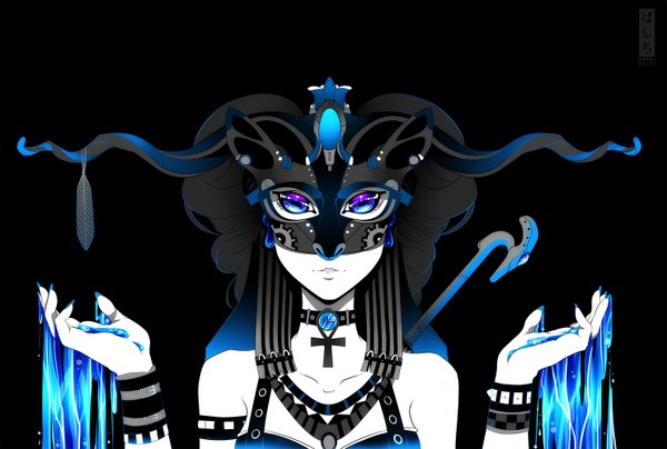 Anime picture 1484x1000 with original basti rin single looking at viewer blue eyes simple background animal ears nail polish horn (horns) fingernails lips black background monochrome curly hair steam punk god girl earrings choker water