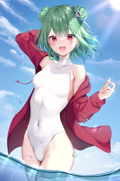 Anime picture 2733x4096 with virtual youtuber hololive uruha rushia utekiro single tall image looking at viewer blush fringe highres short hair open mouth light erotic smile red eyes standing sky cloud (clouds) outdoors blunt bangs