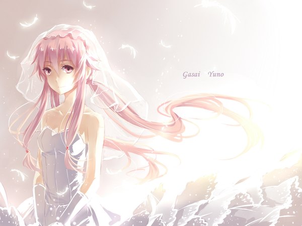Anime picture 1600x1200 with mirai nikki gasai yuno a luo single long hair looking at viewer smile twintails bare shoulders pink hair pink eyes girl dress gloves white gloves white dress feather (feathers) wedding dress