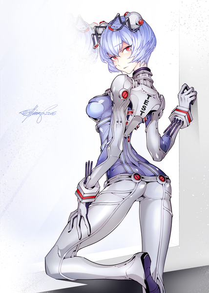 Anime picture 800x1122 with neon genesis evangelion gainax ayanami rei fishine single tall image looking at viewer fringe short hair breasts light erotic simple background hair between eyes red eyes signed bent knee (knees) ass parted lips head tilt looking back