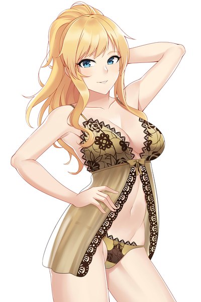 Anime picture 3000x4500 with idolmaster idolmaster cinderella girls ootsuki yui aslindsamure single long hair tall image looking at viewer blush fringe highres breasts blue eyes light erotic simple background blonde hair standing white background payot cleavage