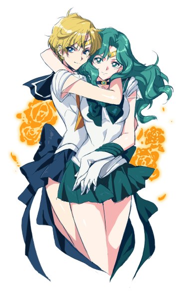 Anime picture 747x1200 with bishoujo senshi sailor moon toei animation kaiou michiru tenou haruka sailor neptune sailor uranus meer rowe long hair tall image looking at viewer short hair blue eyes simple background blonde hair smile white background multiple girls aqua eyes aqua hair hug