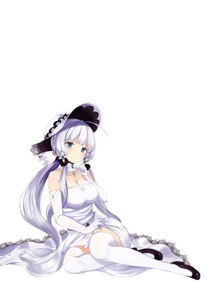 Anime picture 2960x4320 with azur lane illustrious (azur lane) mamizu single long hair tall image looking at viewer blush fringe highres breasts blue eyes simple background white background sitting twintails bare shoulders cleavage silver hair full body