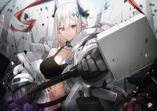Anime picture 2000x1415 with arknights mudrock (arknights) cno single long hair fringe highres breasts hair between eyes red eyes upper body white hair horn (horns) pointy ears open jacket piercing ear piercing expressionless oripathy lesion (arknights) girl