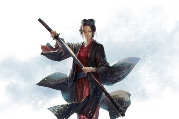 Anime picture 2054x1371 with sekiro: shadows die twice from software emma the gentle blade shitsu soku k single highres short hair black hair simple background smile standing holding looking away traditional clothes japanese clothes black eyes wide sleeves unsheathing girl weapon