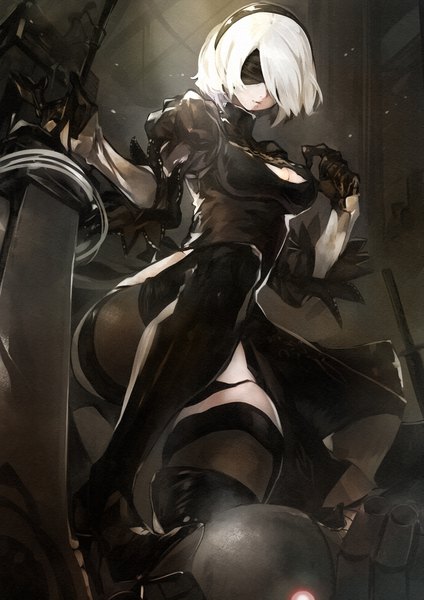 Anime picture 2894x4093 with nier nier:automata yorha no. 2 type b kanmiya shinobu single tall image highres short hair breasts light erotic large breasts holding bent knee (knees) white hair mole from below high heels puffy sleeves cleavage cutout mole under mouth