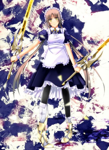 Anime picture 798x1100 with swordsouls single tall image blush brown hair holding yellow eyes full body very long hair maid dual wielding girl uniform weapon pantyhose sword frills headdress hairband maid headdress