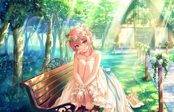 Anime picture 1280x824 with idolmaster idolmaster cinderella girls idolmaster cinderella girls starlight stage jougasaki mika annindoufu (oicon) single looking at viewer blush fringe short hair hair between eyes sitting bare shoulders brown eyes pink hair full body bent knee (knees) outdoors parted lips head tilt
