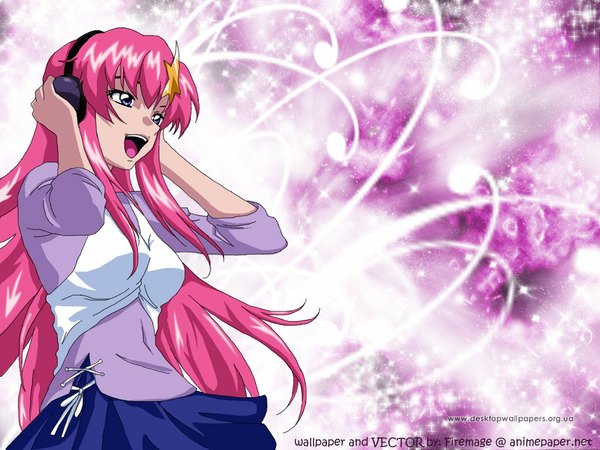 Anime picture 1024x768 with mobile suit gundam gundam seed destiny sunrise (studio) meer campbell single long hair open mouth pink hair grey eyes wallpaper pink background singing girl hair ornament hairclip headphones star (symbol) star hair ornament