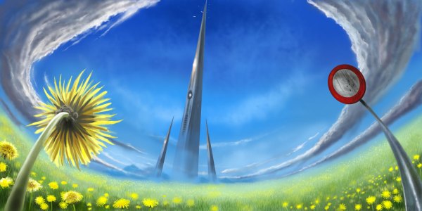 Anime picture 1200x600 with original adoc (artist) wide image cloud (clouds) landscape field flower (flowers) tower
