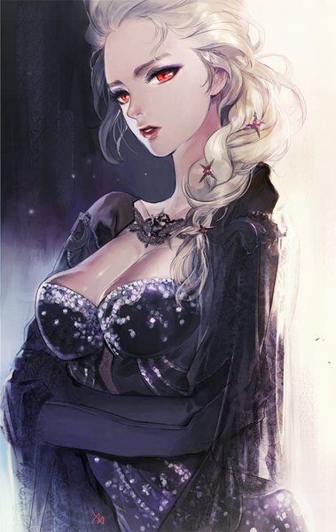 Anime picture 550x869 with frozen (disney) disney elsa (frozen) zis (artist) single long hair tall image looking at viewer breasts light erotic blonde hair red eyes large breasts standing braid (braids) single braid girl dress black dress cape