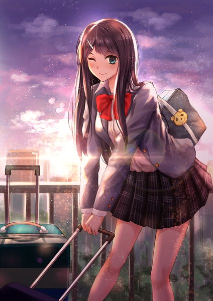 Anime picture 1300x1841 with original yuzuriha (artist) single long hair tall image looking at viewer blush fringe smile brown hair green eyes cloud (clouds) outdoors pleated skirt one eye closed light smile sunlight leaning leaning forward lens flare