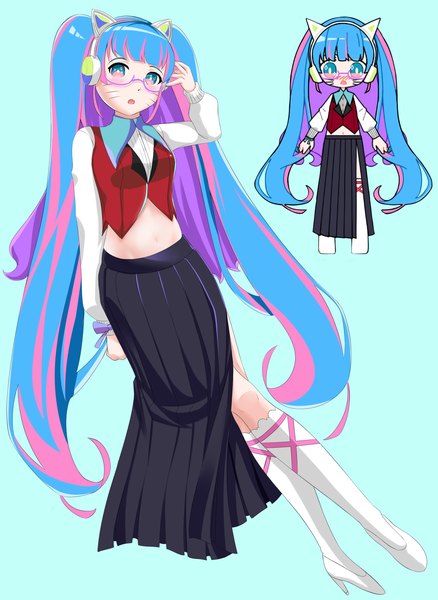 Anime picture 1900x2600 with original gokkotryu single long hair tall image looking at viewer blush fringe highres open mouth blue eyes simple background full body blunt bangs long sleeves pleated skirt multicolored hair arm up two-tone hair :o